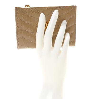 Saint Laurent Grain De Poudre Matelasse Chevron Cassandre Fragments Zipperred Bi-Fold Wallet Dark Beige 2 of 7