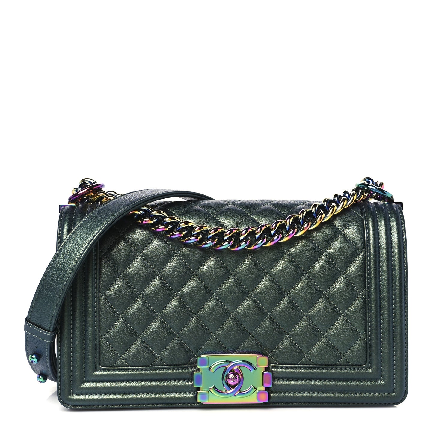 Iridescent Goatskin Quilted Medium Boy Flap Green