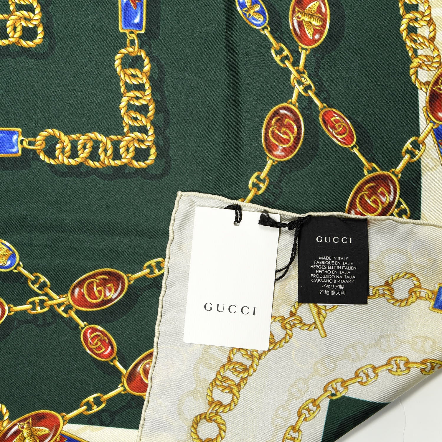 Gucci Silk Twill Chain Print Square Scarf Ivory Dark Green 3 of 4