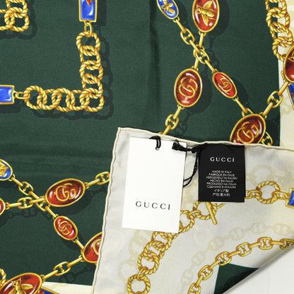 Gucci Silk Twill Chain Print Square Scarf Ivory Dark Green 3 of 4