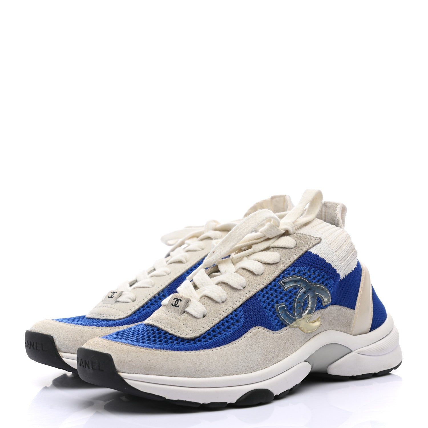 Chanel Fabric Suede Calfskin Stretch CC Sneakers 36 White Blue 2 of 9