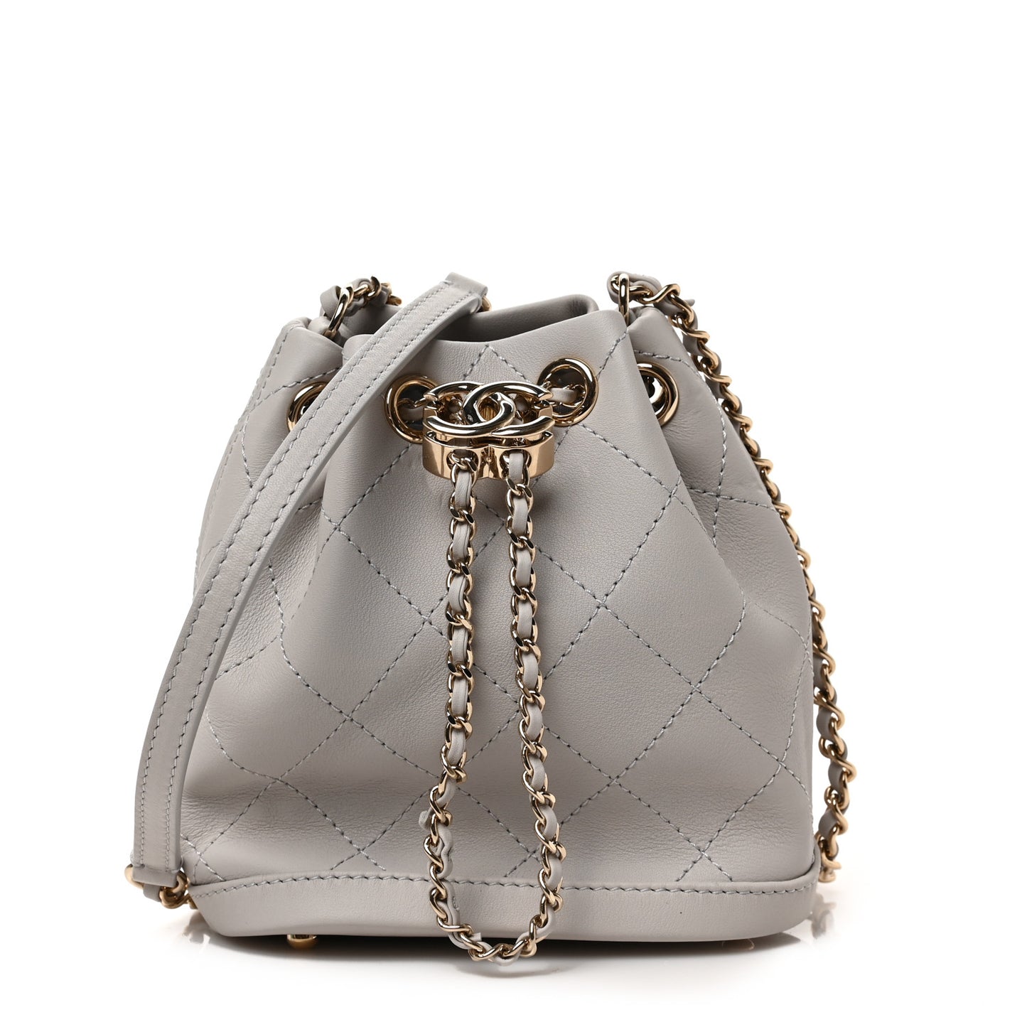 Calfskin Stitched Chain Bucket Bag Light Grey