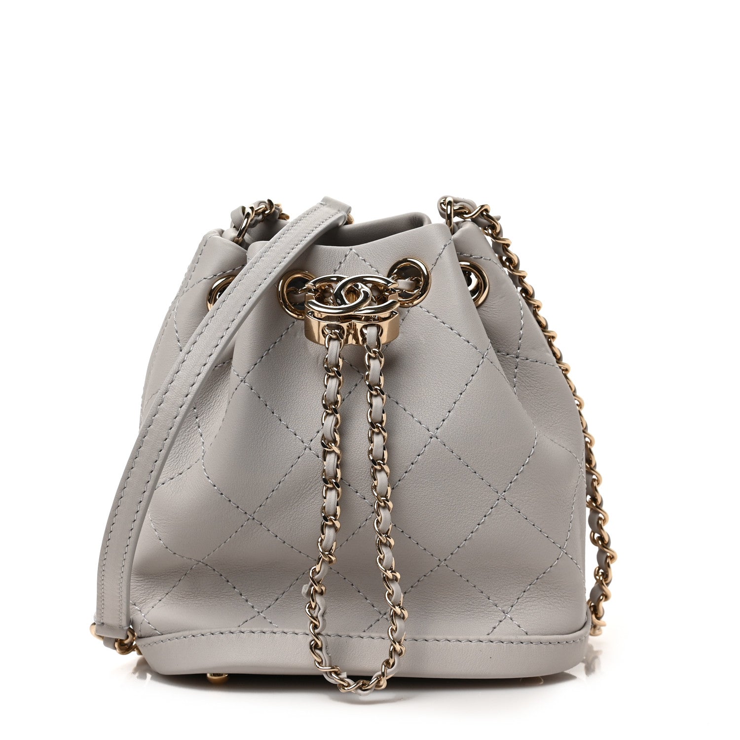 Chanel Calfskin Stitched Chain Bucket Bag Light Grey 1 of 9
