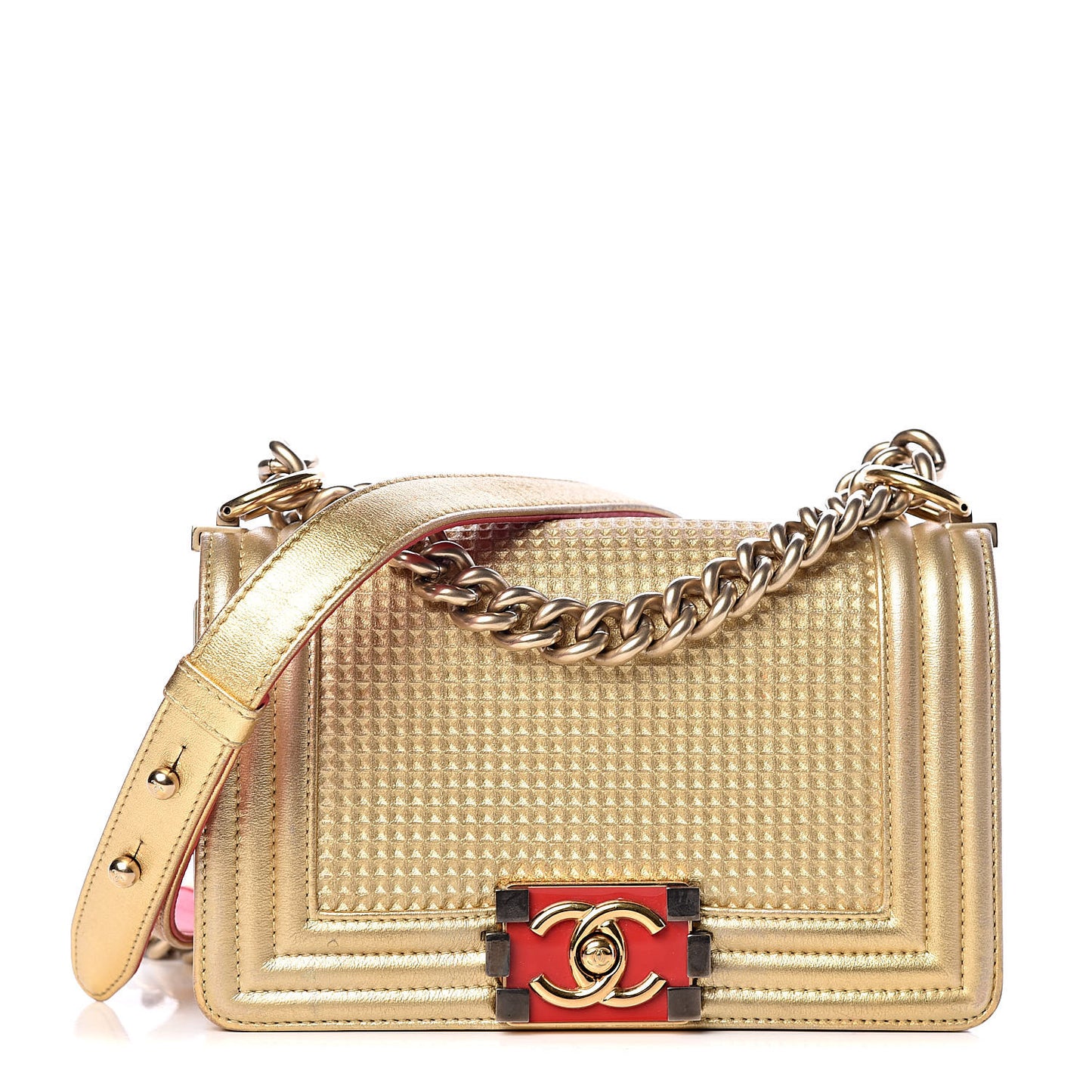 Metallic Lambskin Embossed Small Cube Boy Flap Gold