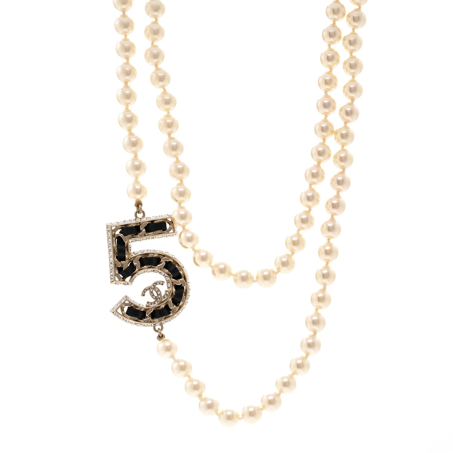 Pearl Crystal Lambskin Chain CC No 5 Long Necklace Gold