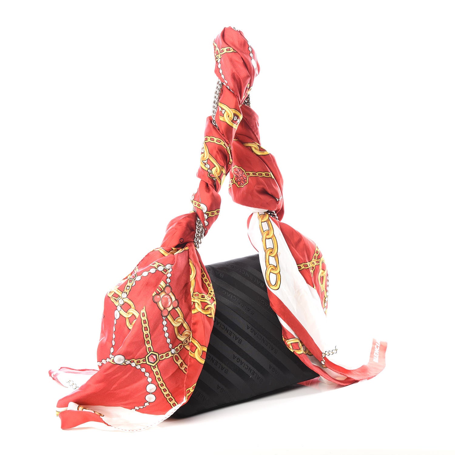 Balenciaga Nylon Jacquard Diagonal Logo Medium Scarf Lock Chain Shoulder Bag Black Red 2 of 11