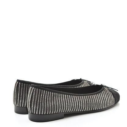 Chanel Velvet Caviar Striped CC Cap Toe Ballerina Flats 39 Grey Black 4 of 7