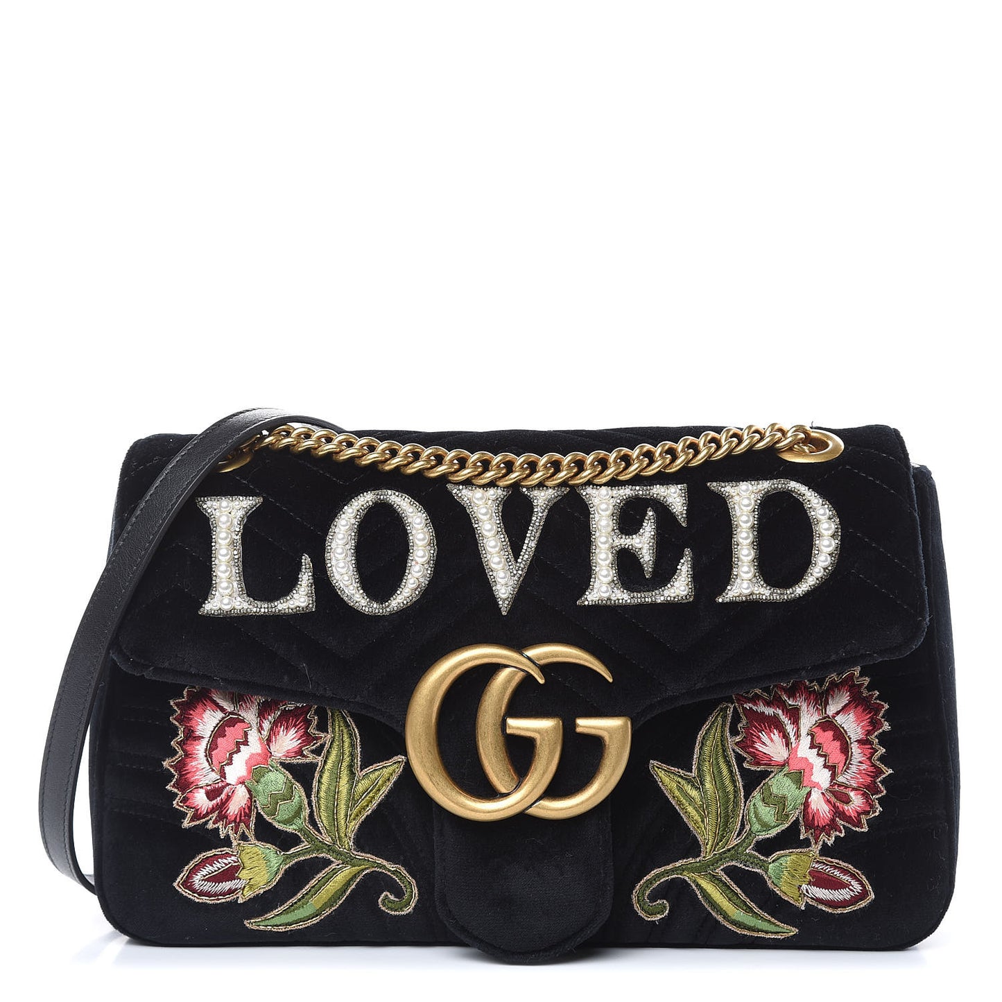 Velvet Matelasse Loved Embroidered Medium GG Marmont Shoulder Bag Black