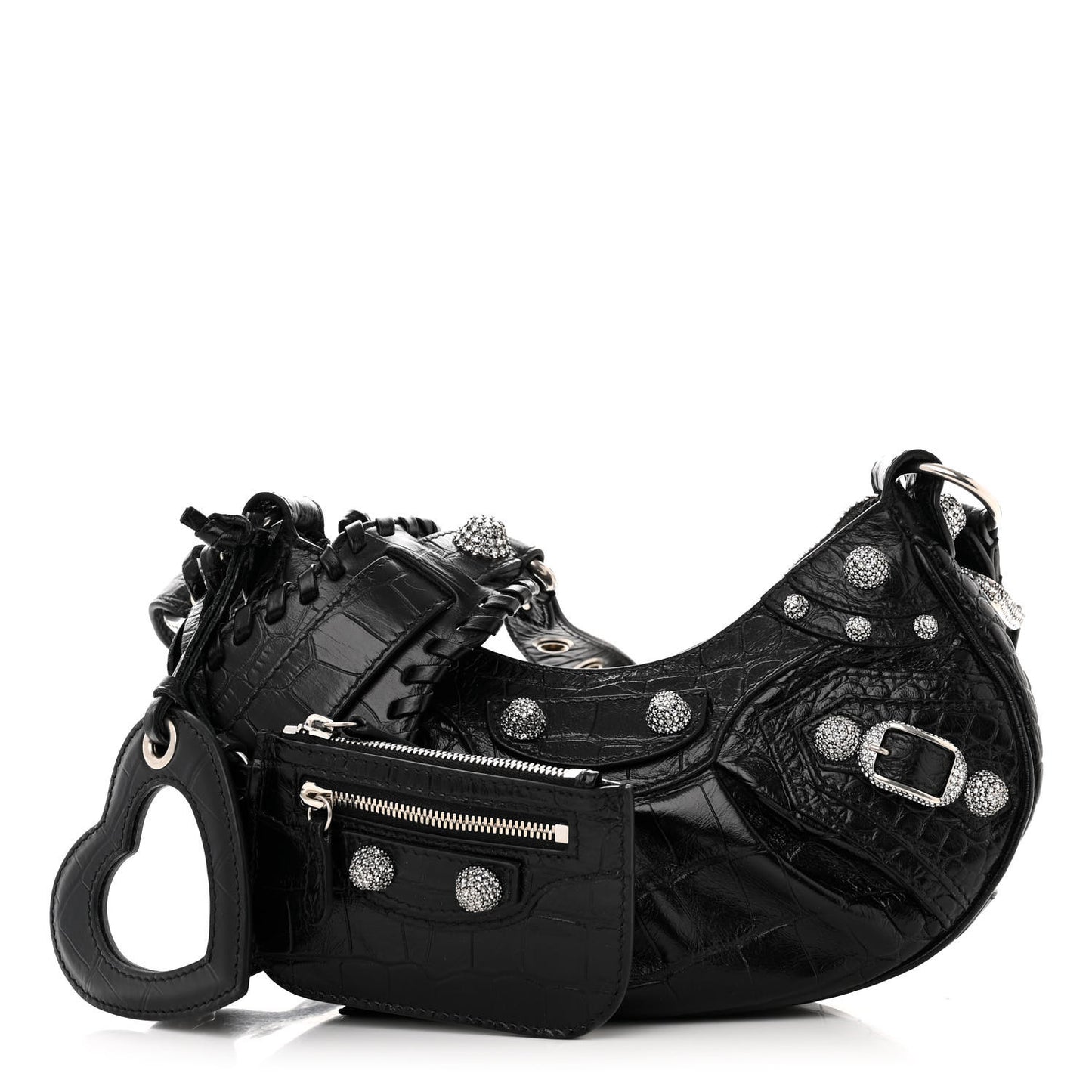 Extra Supple Calfskin Crystal Crocodile Embossed Le Cagole Shoulder Bag XS Black