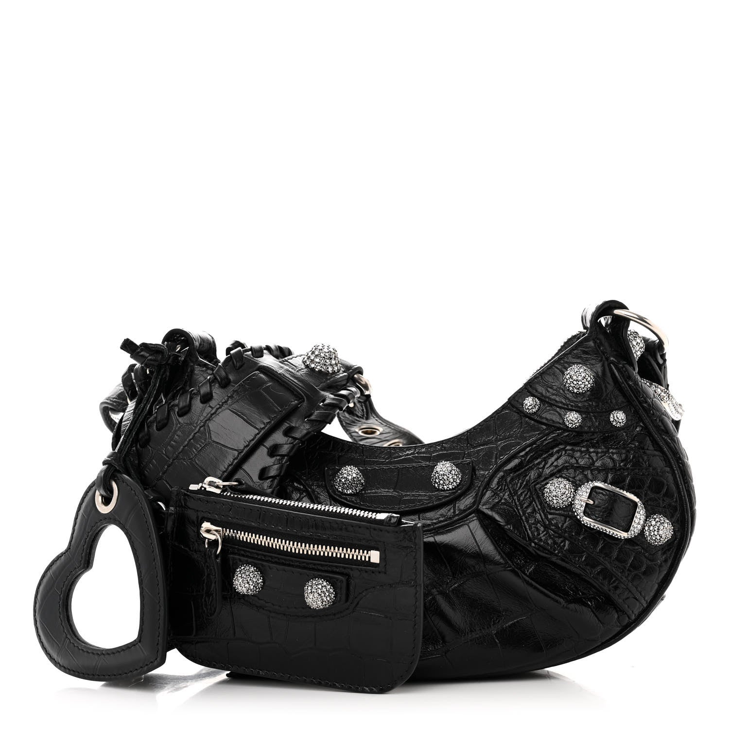Balenciaga Extra Supple Calfskin Crystal Crocodile Embossed Le Cagole Shoulder Bag XS Black 3 of 10