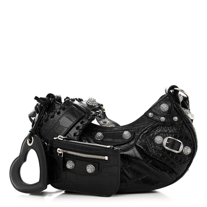Balenciaga Extra Supple Calfskin Crystal Crocodile Embossed Le Cagole Shoulder Bag XS Black 3 of 10