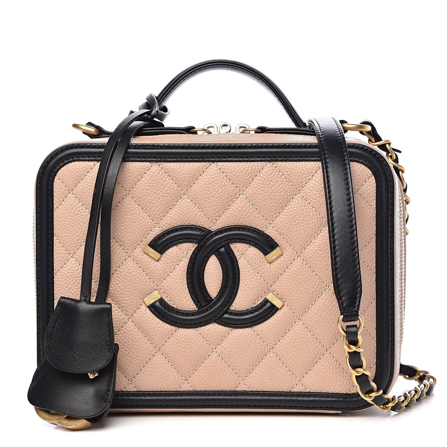 Caviar Quilted Medium CC Filigree Vanity Case Beige Black