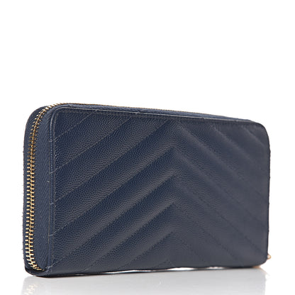 Saint Laurent Grain De Poudre Matelasse Chevron Monogram Zip Around Wallet Navy 3 of 6