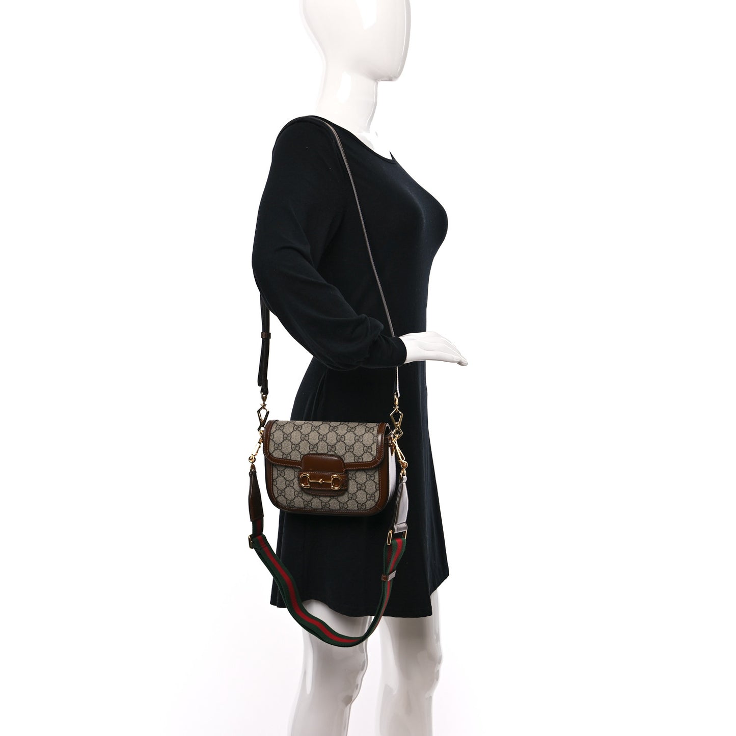 GG Supreme Monogram Web Mini Horsebit 1955 Shoulder Bag Beige Brown Sugar