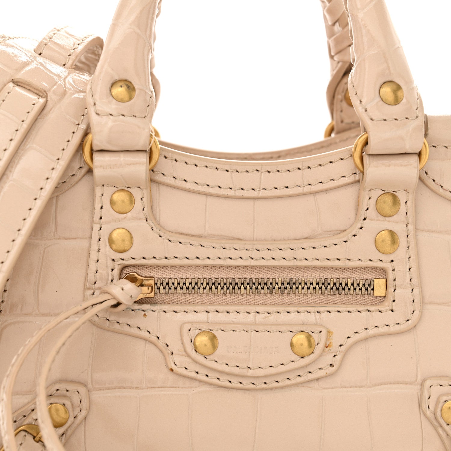 Balenciaga Shiny Supple Calfskin Crocodile Embossed Neo Classic Gold Hardware Nano City Crossbody Light Beige 7 of 13