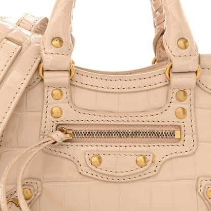 Balenciaga Shiny Supple Calfskin Crocodile Embossed Neo Classic Gold Hardware Nano City Crossbody Light Beige 7 of 13