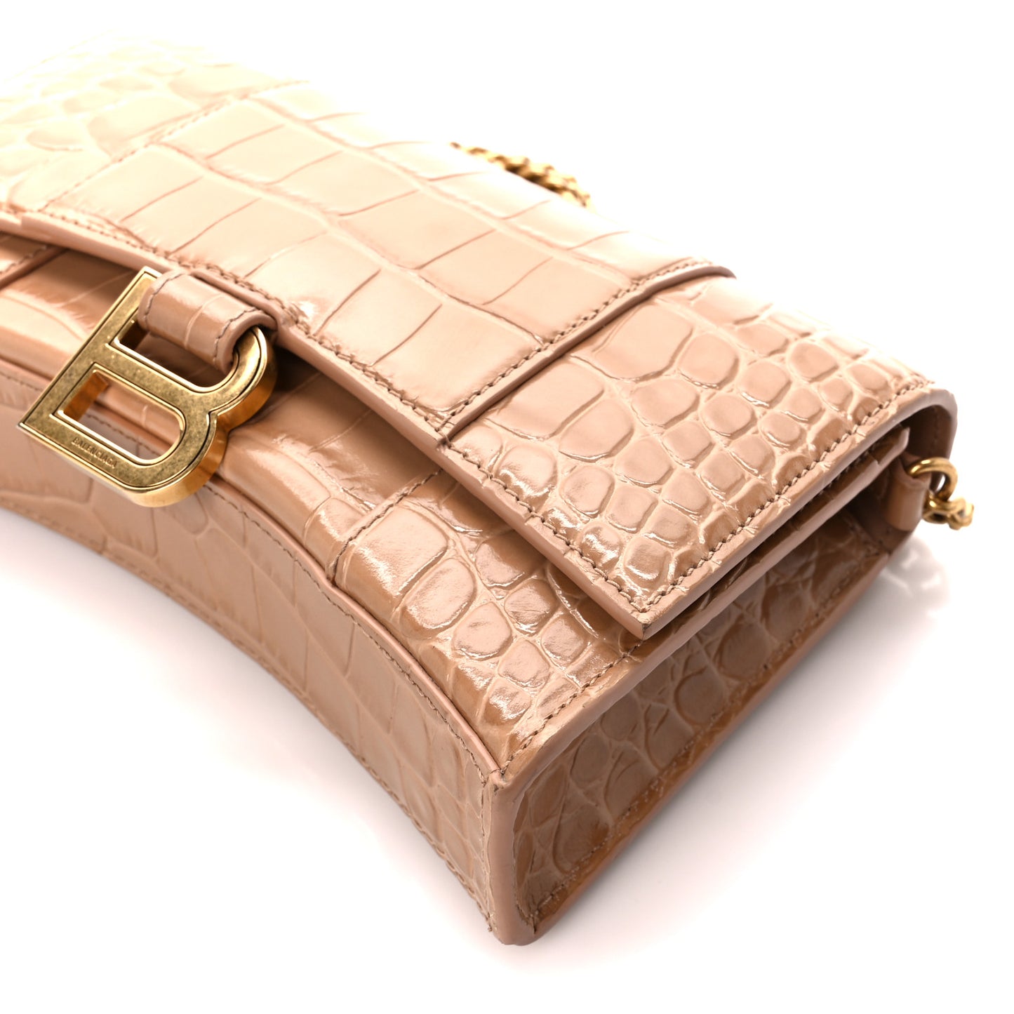 Shiny Calfskin Crocodile Embossed Hourglass Chain Bag Nude Beige