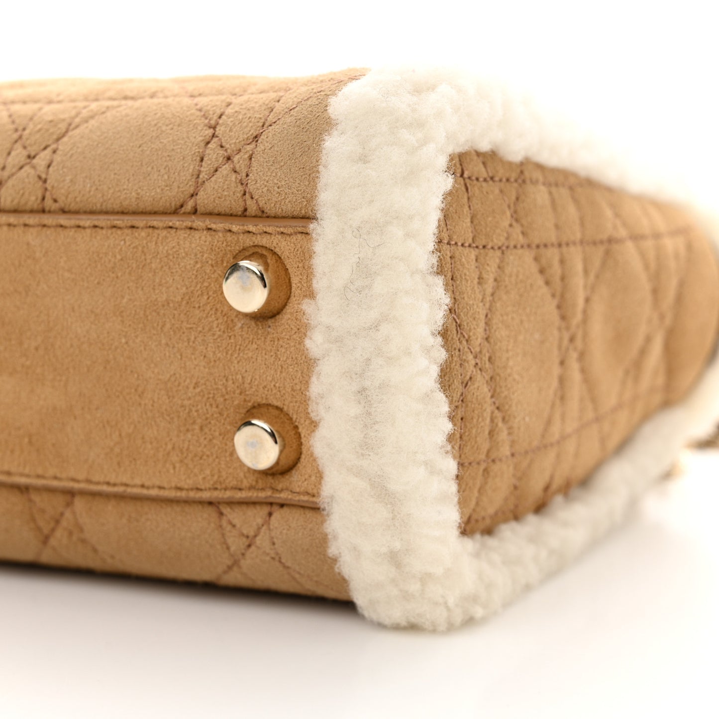 Suede Shearling Cannage Mini Lady Dior Camel