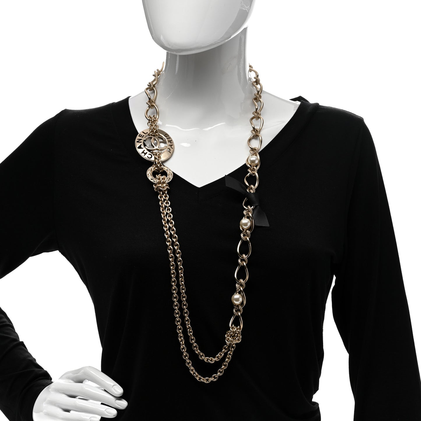 Metal Pearl Chain CC Paris Pendant Long Necklace Light Gold
