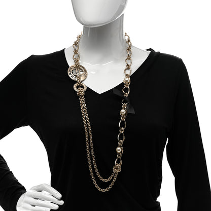 Chanel Metal Pearl Chain CC Paris Pendant Long Necklace Light Gold 2 of 5