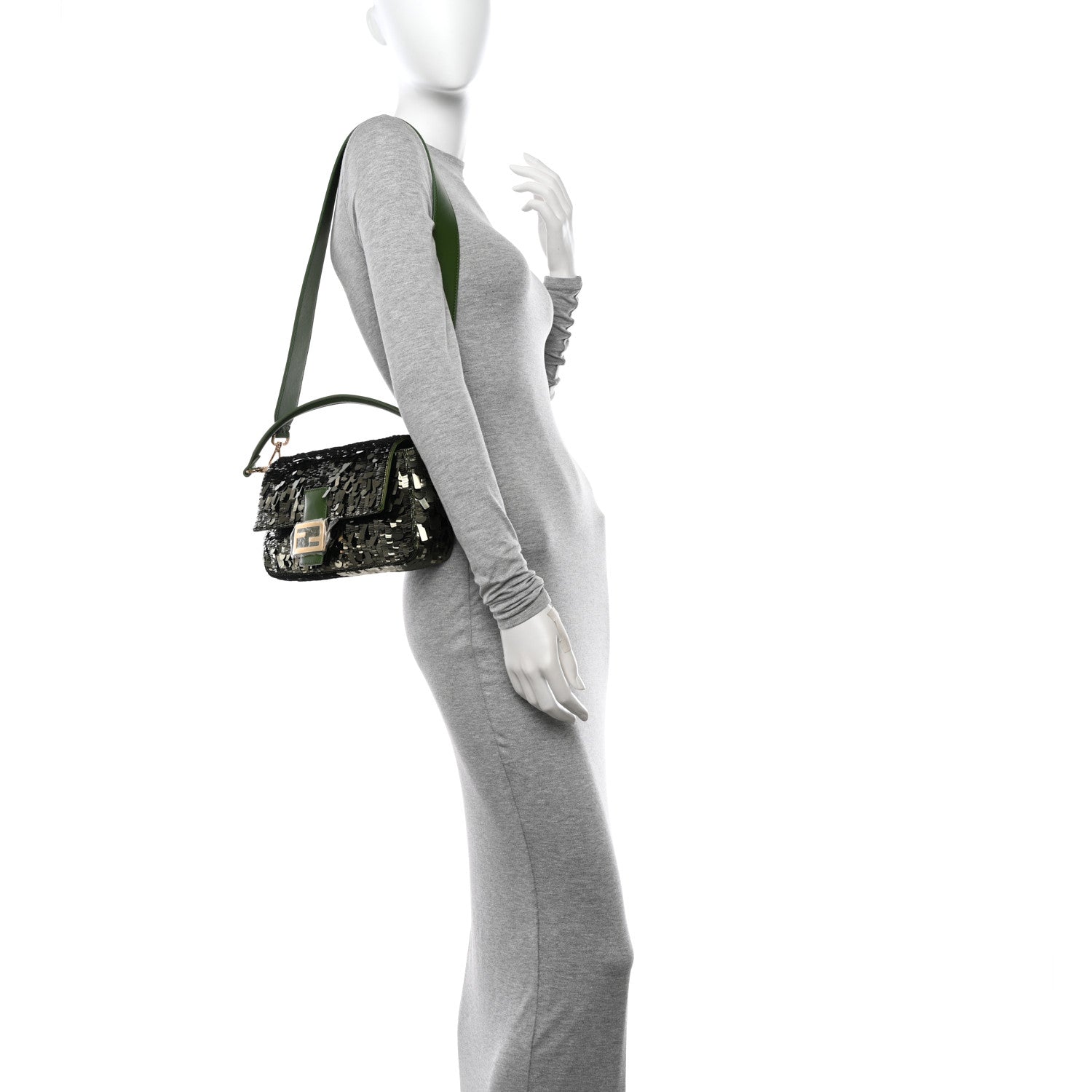 Fendi Sequin Paillettes Vitello Grace Sex and the City Baguette Avocado 2 of 9