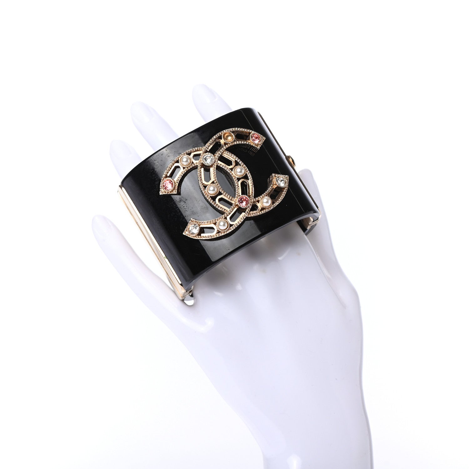 Chanel Resin Crystal Pearl CC Cuff Bracelet Black Gold 2 of 5