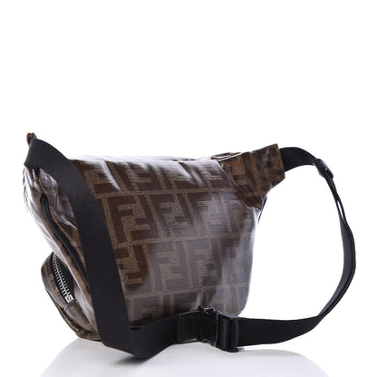 Fendi Glazed Fabric Vitello Century FF 1974 Stamp Patch Mens Pocket Belt Bag Mogano Panna Black 3 of 7