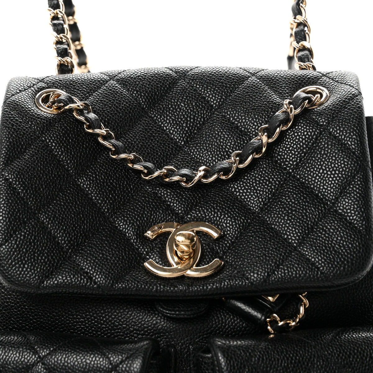 Shiny Caviar Quilted Medium Duma Pockets Drawstring Backpack Black