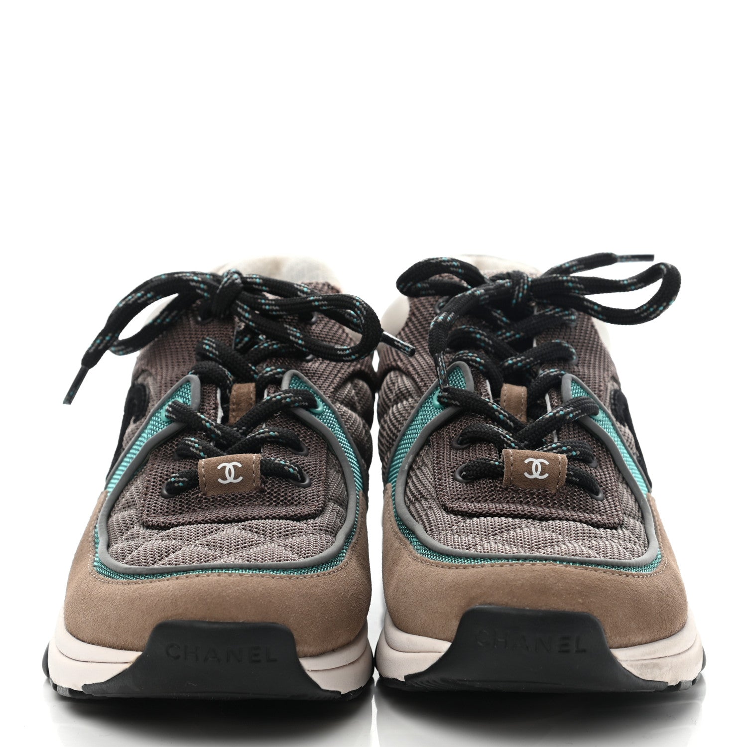 Chanel Nylon Calfskin Suede Womens CC Sneakers 39 Brown Green 2 of 8