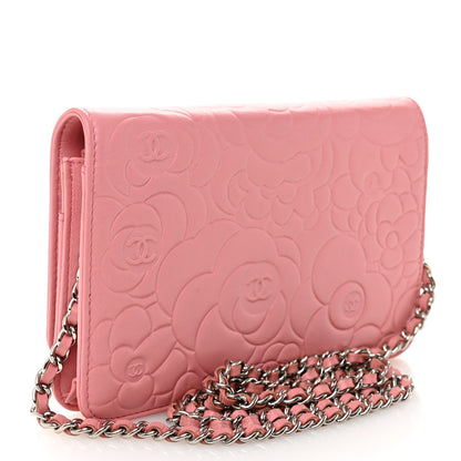Chanel Lambskin Camellia Embossed Wallet on Chain WOC Pink 3 of 12