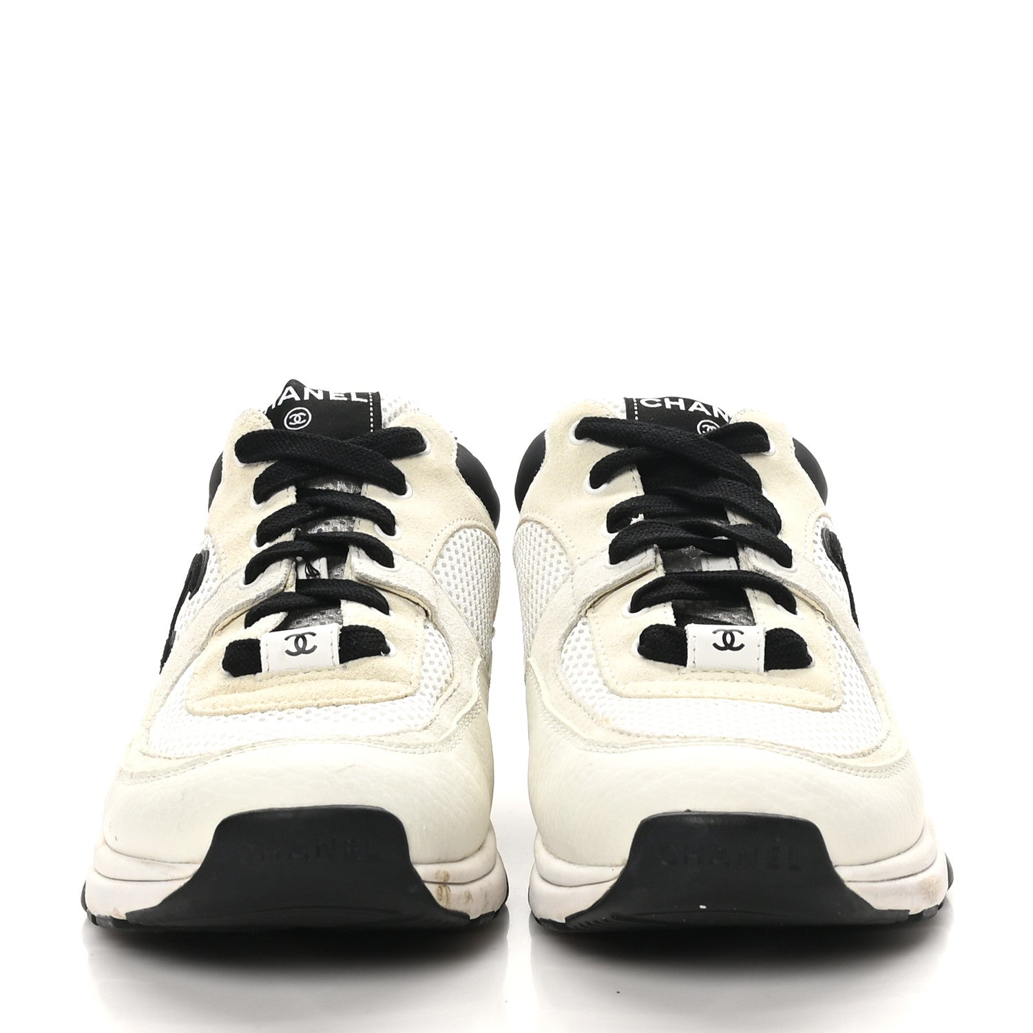 Chanel Mesh Suede Calfskin Grained Calfskin Womens CC Sneakers 39.5 White Black 3 of 9