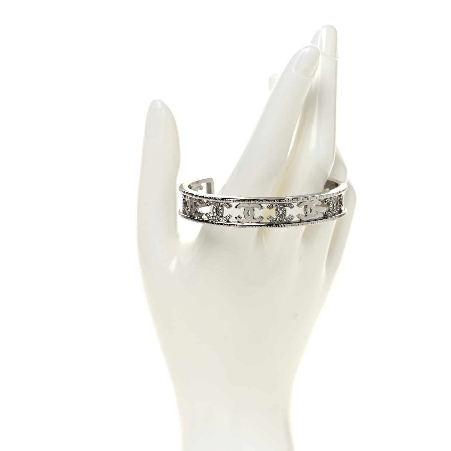 Chanel Metal Crystal CC Cuff Bracelet Silver 2 of 4