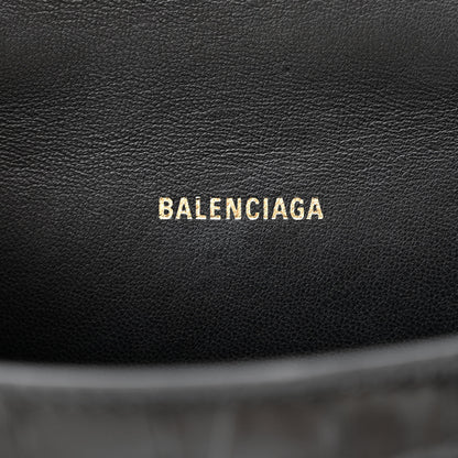 Balenciaga Shiny Calfskin Crocodile Embossed Hourglass Top Handle Bag XS Black 6 of 9