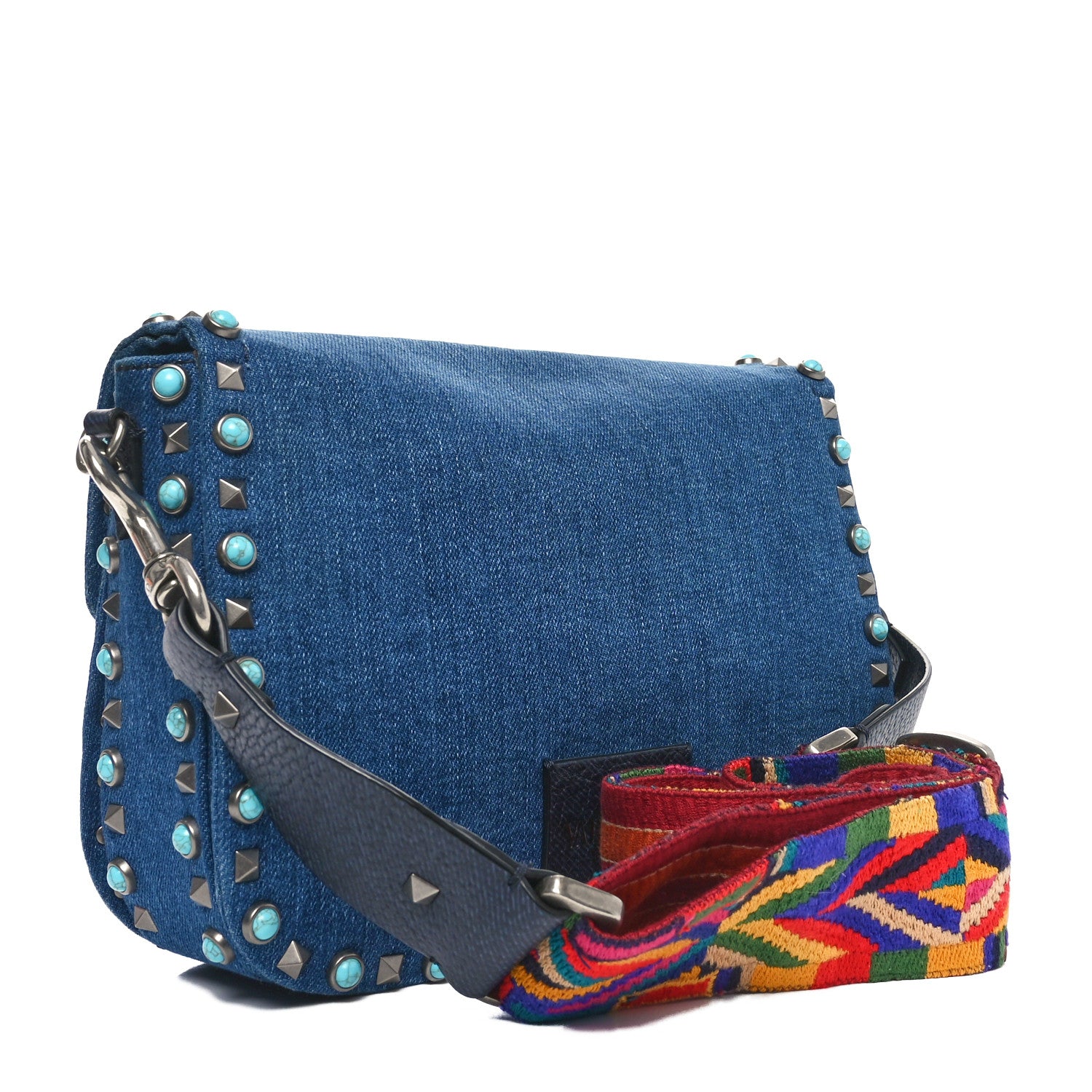 Valentino Garavani Denim Medium Guitar Strap Rockstud Rolling Flap Saddle Bag 3 of 11