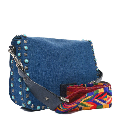 Valentino Garavani Denim Medium Guitar Strap Rockstud Rolling Flap Saddle Bag 3 of 11