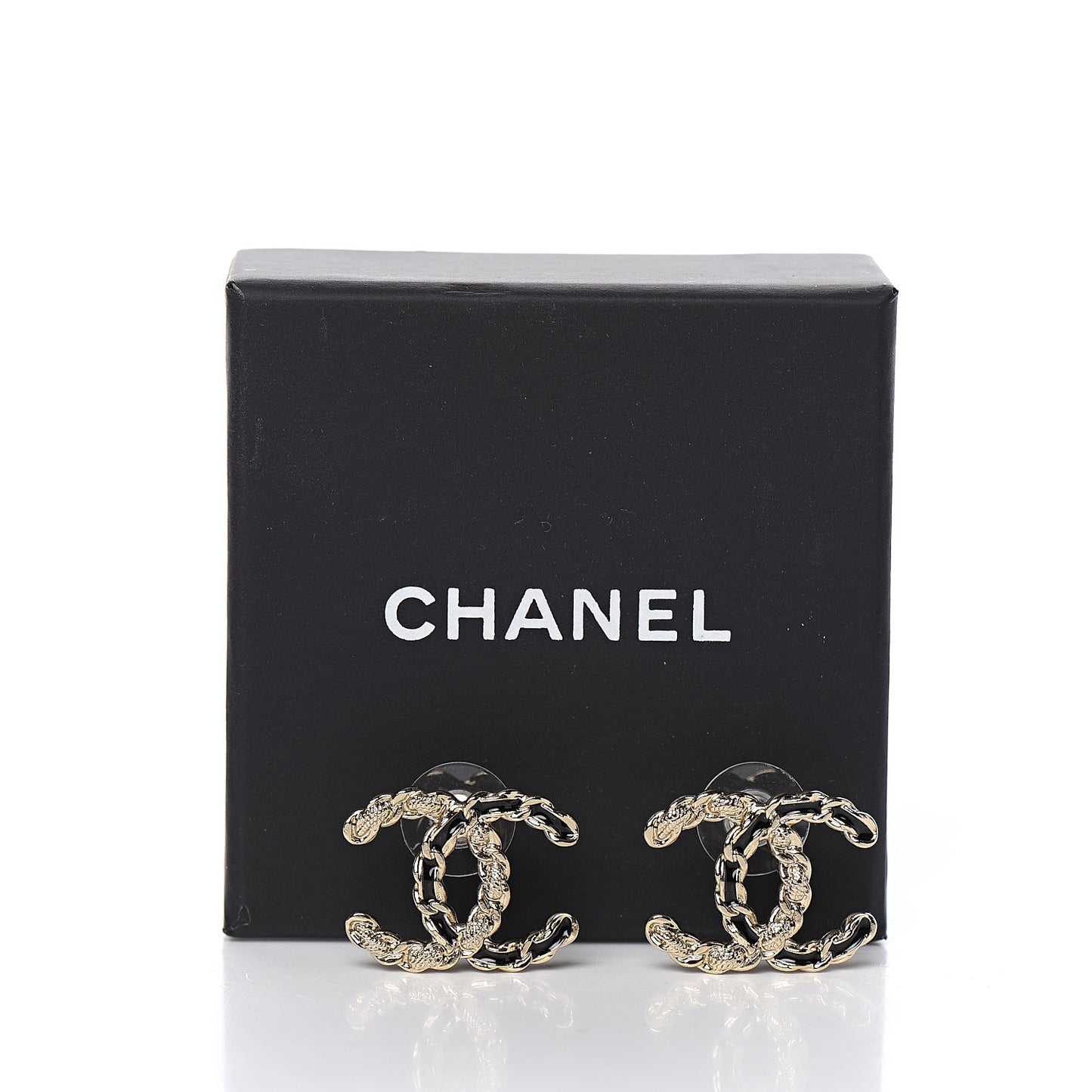 Enamel Metal Chain French New Wave CC Earrings Black Gold