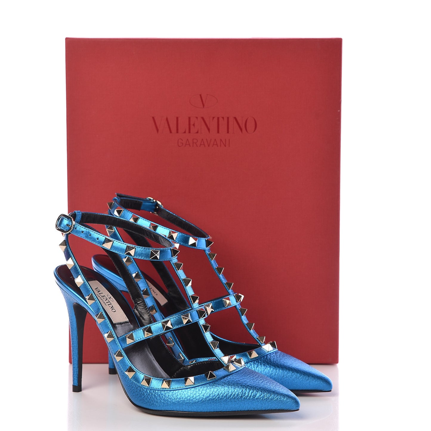 Metallic Pebbled Calfskin Rockstud Ankle Strap Pumps 38 Light Blue