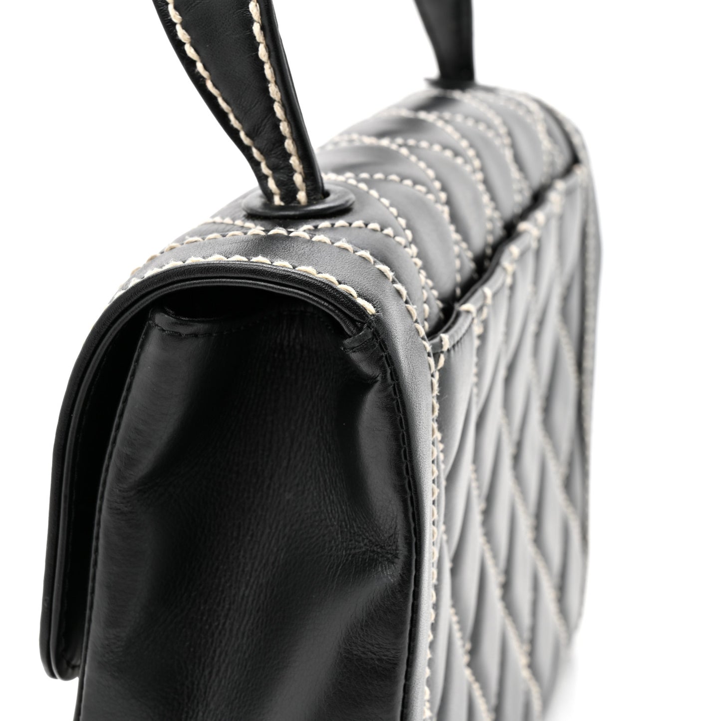 Calfskin Quilted Wild Stitch Large Top Handle Flap Black