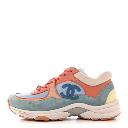 Chanel Nylon Lambskin Suede Calfskin CC Sneakers 35 Coral Light Blue White 1 of 12
