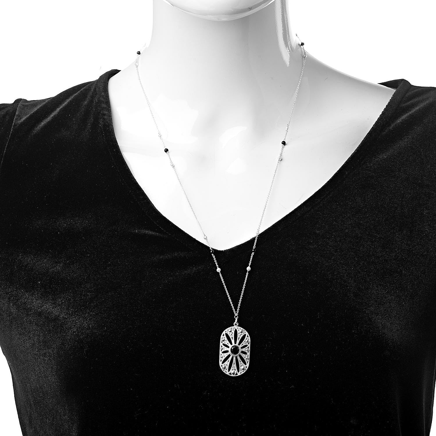 Tiffany Sterling Silver Black Onyx Pearl Ziegfeld Daisy Pendant Necklace 2 of 7