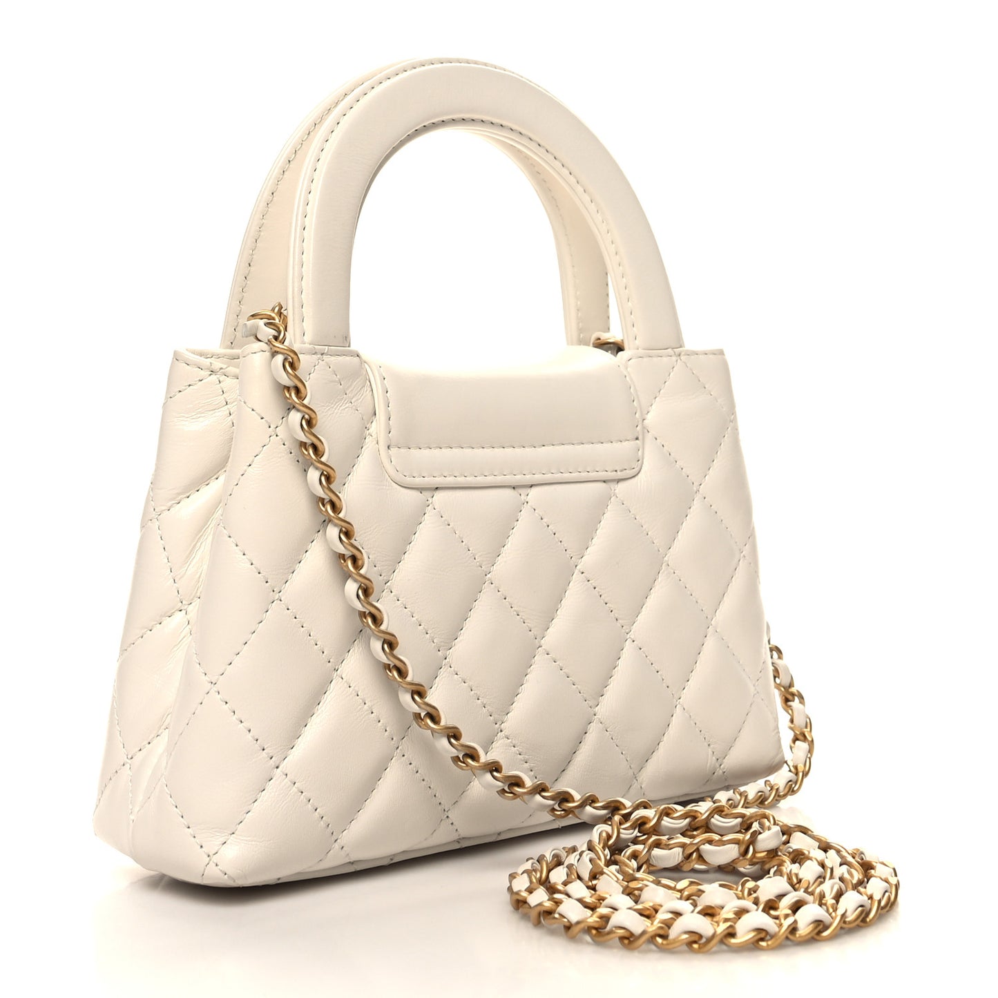 Shiny Aged Calfskin Quilted Nano Kelly Shopper White