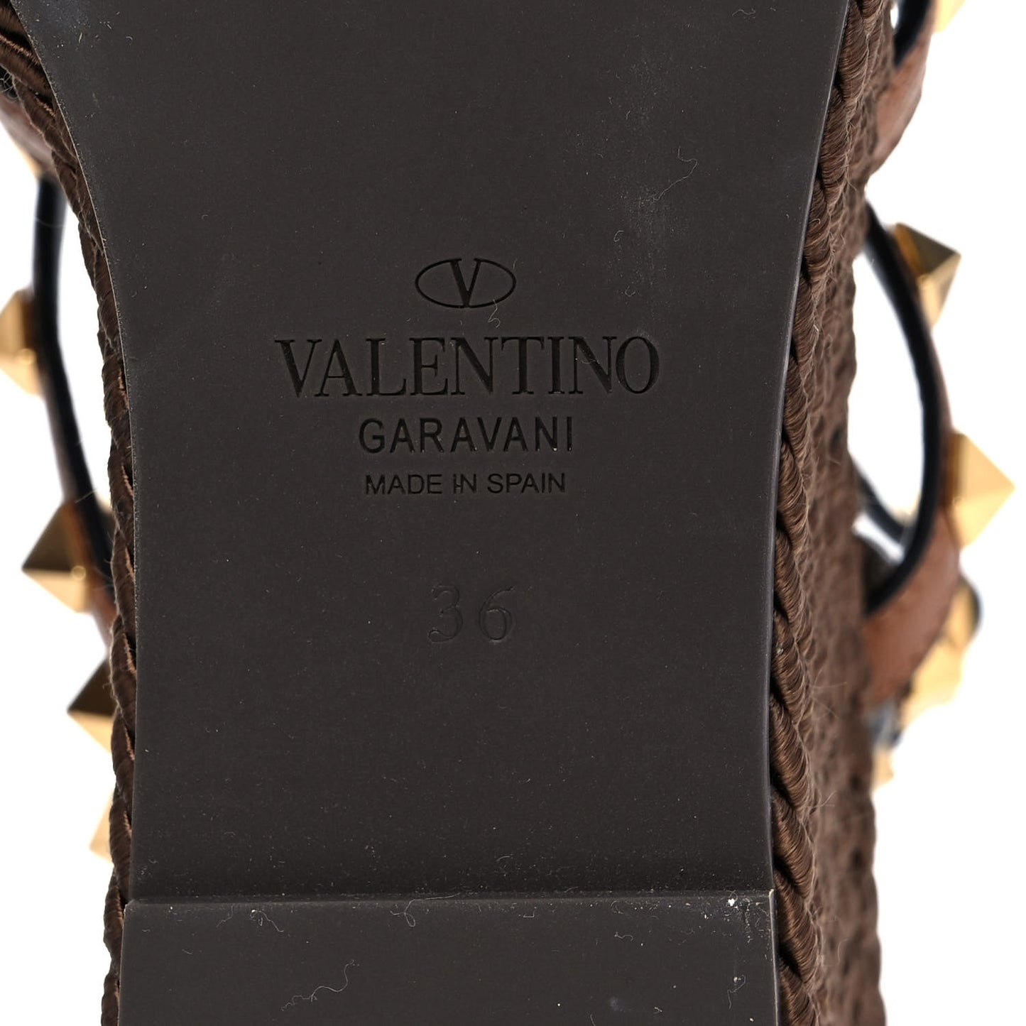 Calfskin Rockstud Ankle Strap Torchon Espadrille Caged 25/95mm Wedge Sandals 36 Cuoio