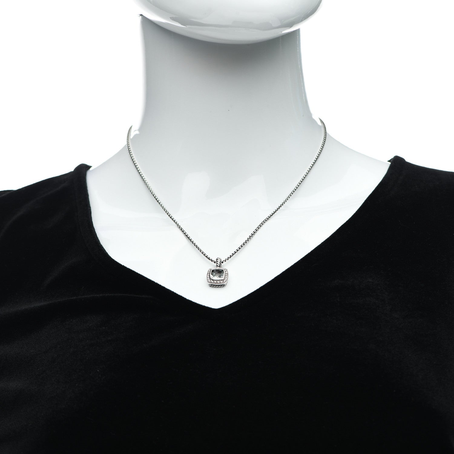 David Yurman Sterling Silver Diamond Prasiolite 7mm Petite Albion Pendant Necklace 2 of 5