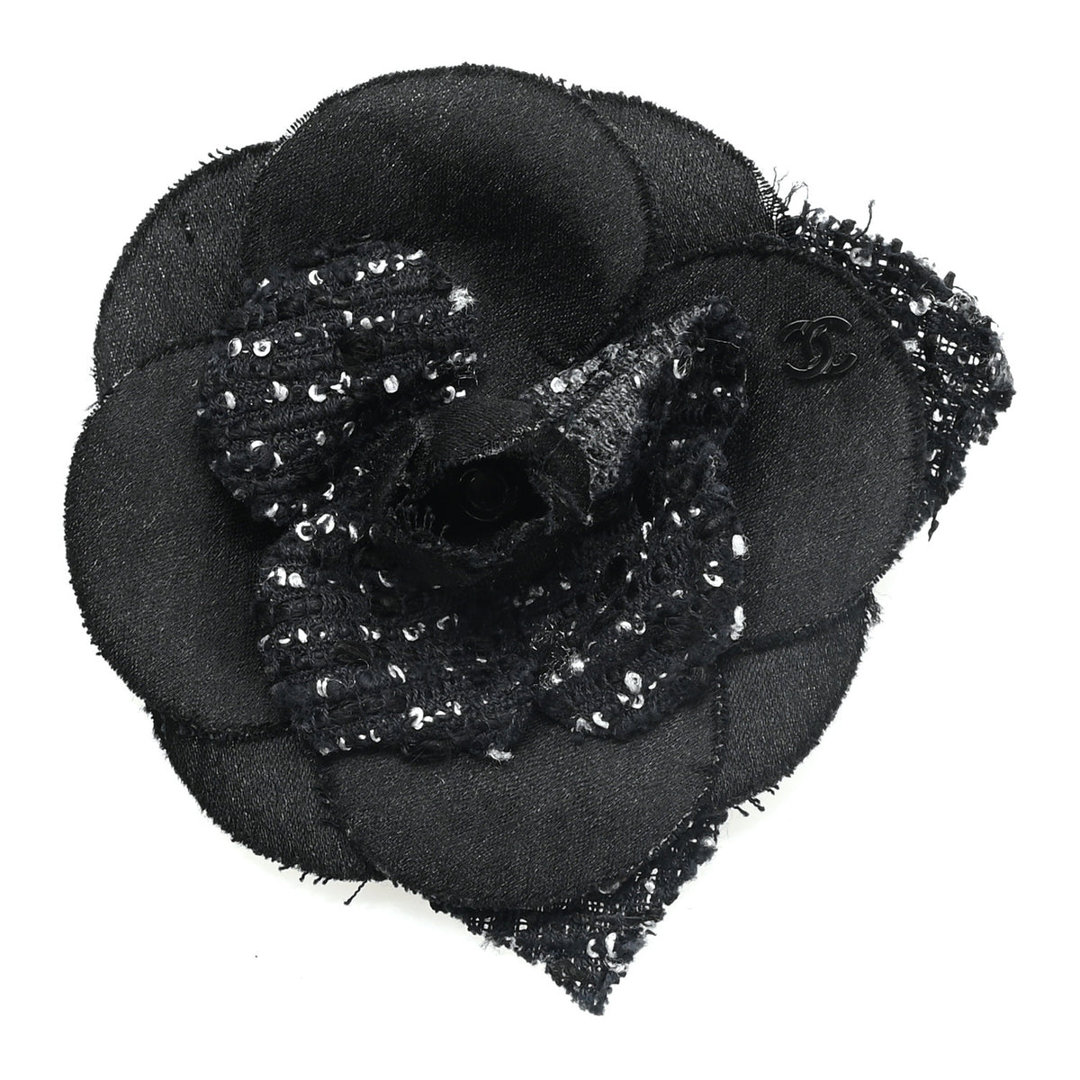 Chanel Tweed Camellia Pin Brooch Black White 1 of 3
