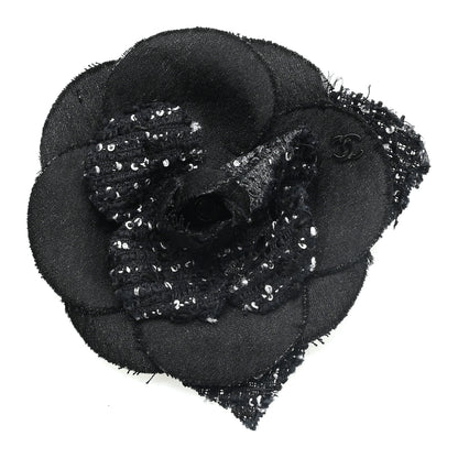 Chanel Tweed Camellia Pin Brooch Black White 1 of 3
