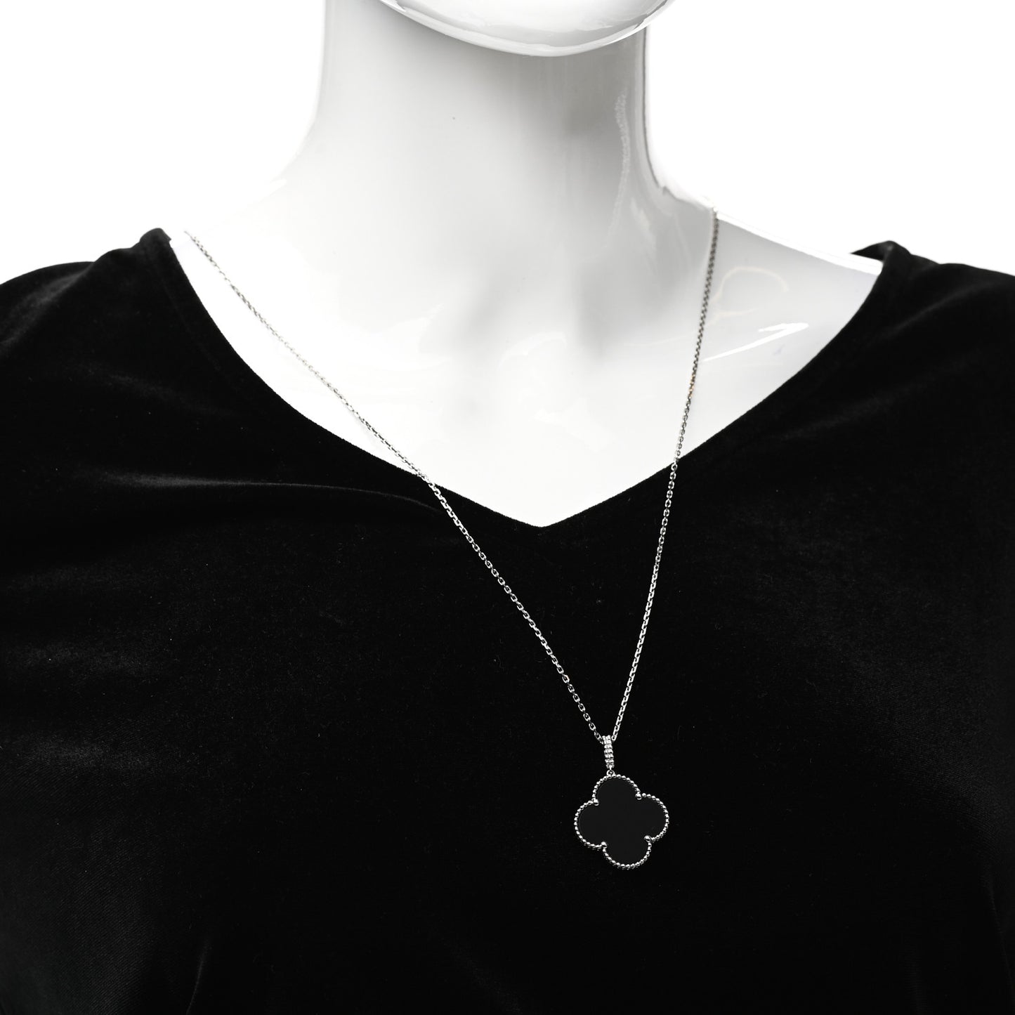 18K White Gold Black Onyx Magic Alhambra Pendant Necklace