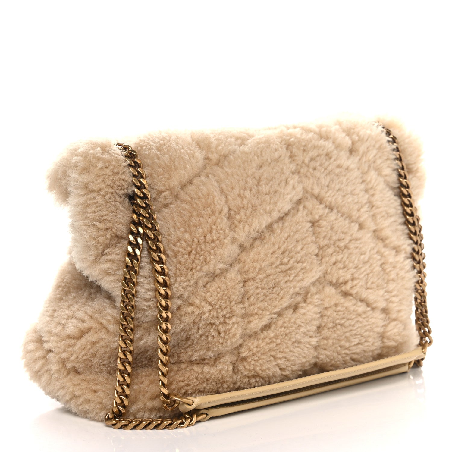 Saint Laurent Merino Shearling Lambskin Quilted Small Loulou Puffer Monogram Chain Satchel Natural Beige 3 of 12