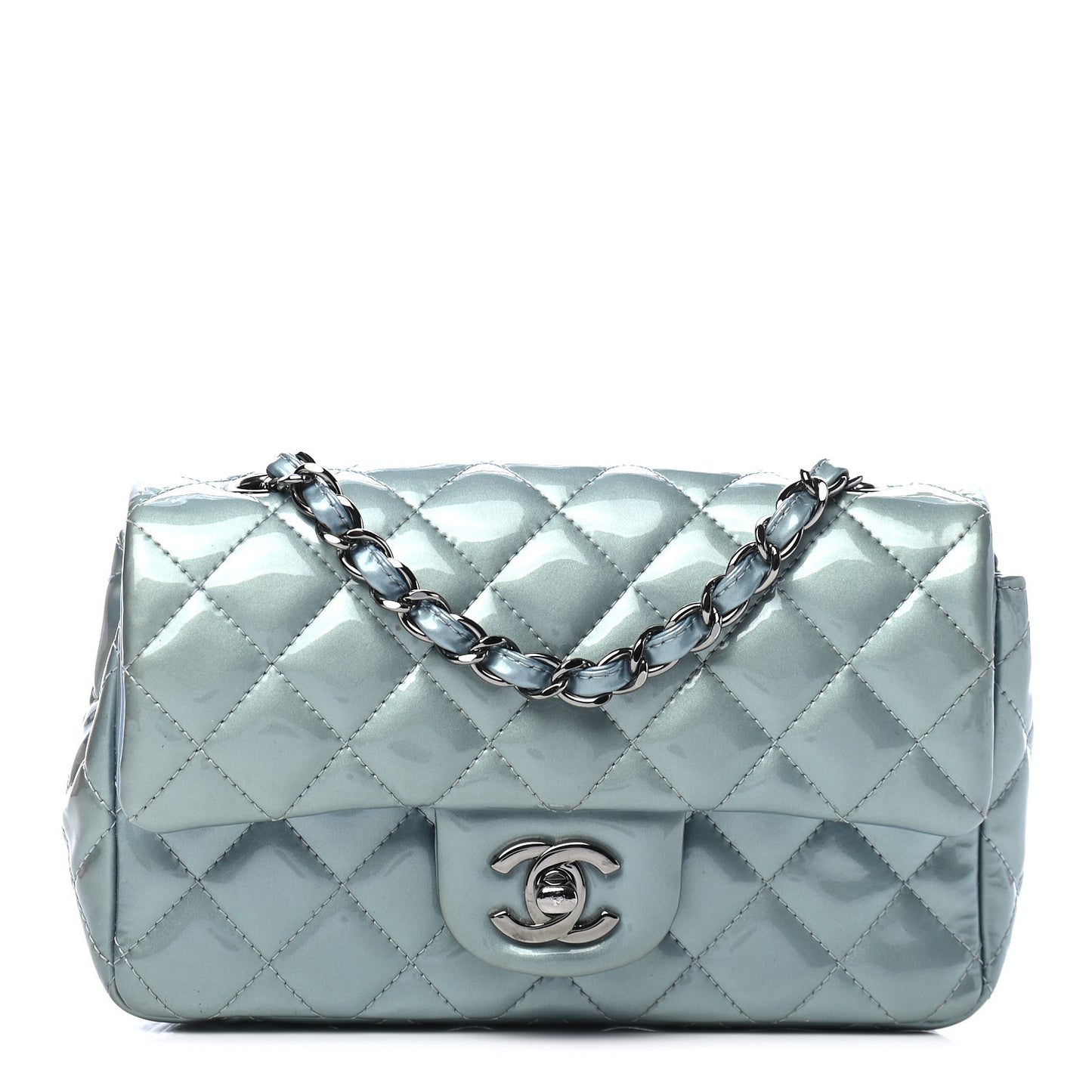 Patent Calfskin Quilted Mini Rectangular Flap Light Blue