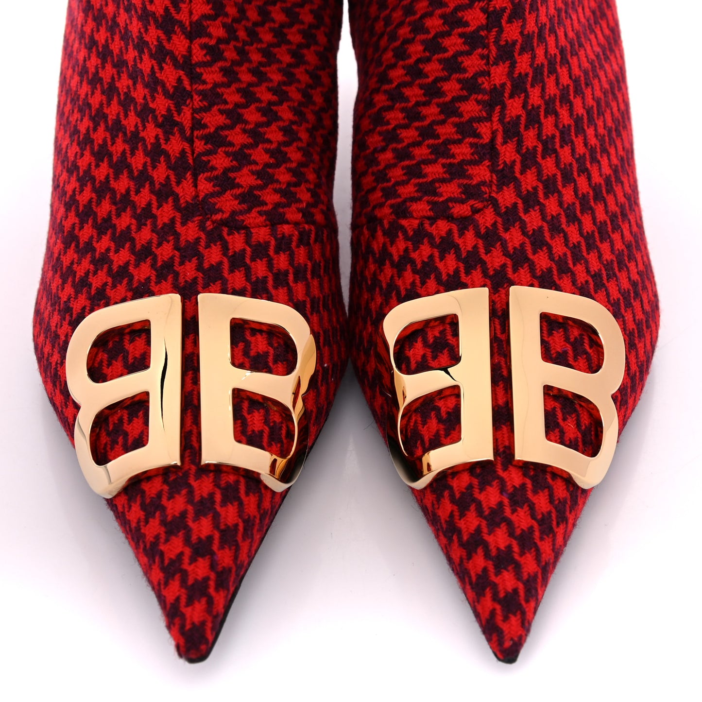 Wool Houndstooth BB Pointy Toe Ankle Booties 37.5 Red Black Gold