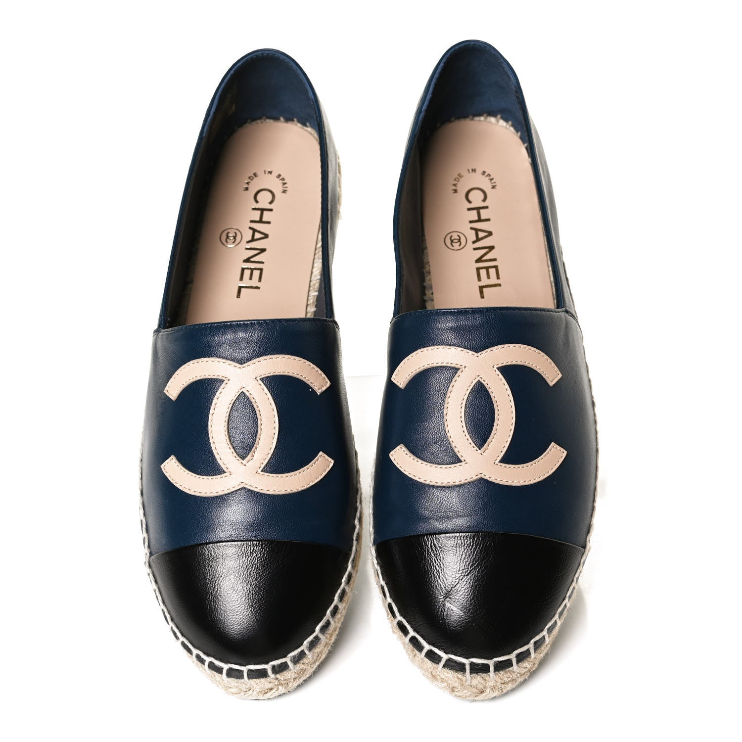 Chanel Lambskin Shiny Calfskin CC Espadrilles 39 Navy Blue Beige Black 5 of 13